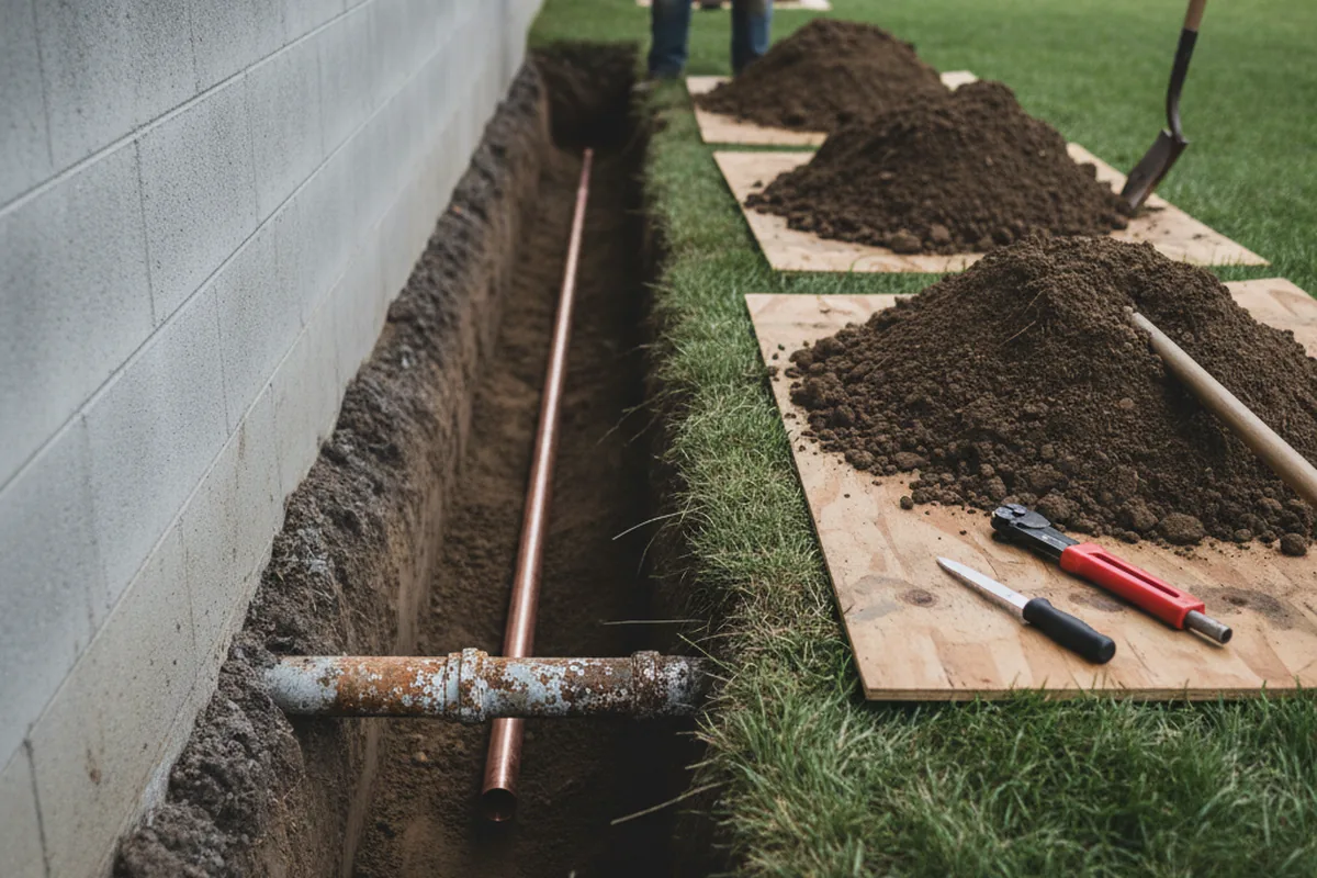 Excavated water line trench during Water Heater Repair in Narvon